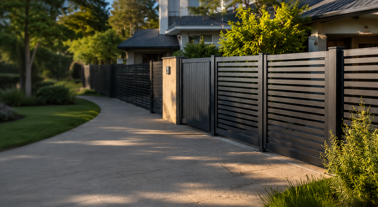 Modern black slat fencing and driveway